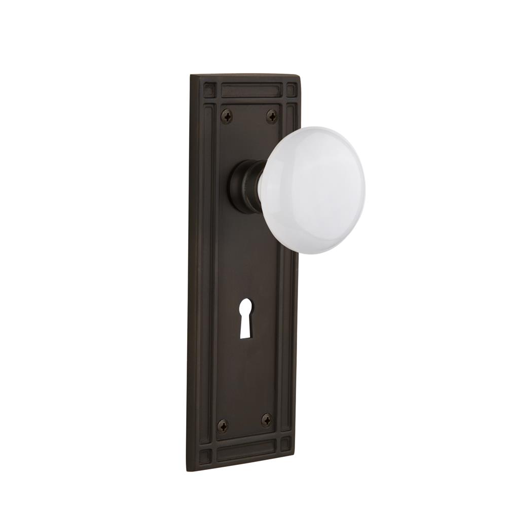 Nostalgic Warehouse 718563  Mission Plate with Keyhole Privacy White Porcelain Door Knob in Oil-Rubbed Bronze